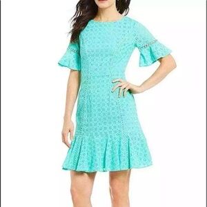Isaac Mizrahi Womens 6 Eyelet Sheath Dress Jade Green Flutter Sleeves Cotton